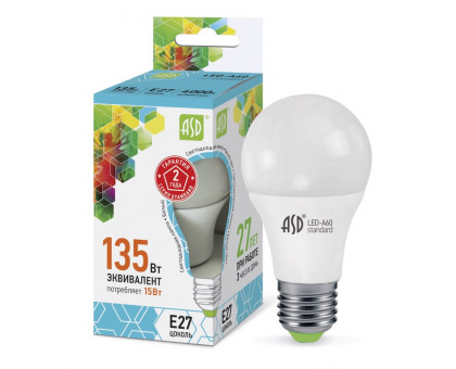 Лампа светодиодная LED-A60-standard 15Вт 230В Е27 4000К 1350Лм ASD (4690612002101)
