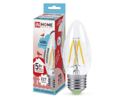 Лампа светодиодная LED-СВЕЧА-deco 5Вт 230В Е27 4000К 450Лм прозрачная IN HOME (4690612007595)