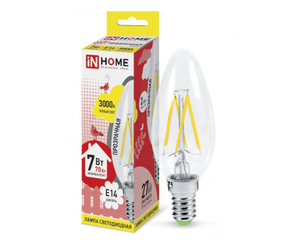 Лампа светодиодная LED-СВЕЧА-deco 7Вт 230В Е14 3000К 630Лм прозрачная IN HOME (4690612007601)