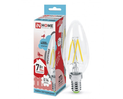 Лампа светодиодная LED-СВЕЧА-deco 7Вт 230В Е14 4000К 630Лм прозрачная IN HOME (4690612007618)