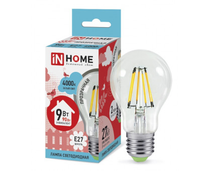 Лампа светодиодная LED-A60-deco 9Вт 230В Е27 4000К 810Лм прозрачная IN HOME (4690612008073)