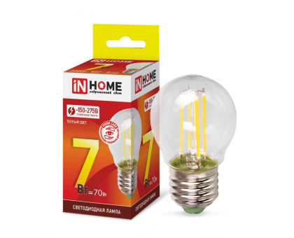 Лампа светодиодная LED-ШАР-deco 7Вт 230В Е27 3000К 630Лм прозрачная IN HOME (4690612016320)