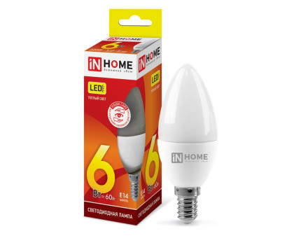 Лампа светодиодная LED-СВЕЧА-VC 6Вт 230В Е14 3000К 540Лм IN HOME (4690612020389)
