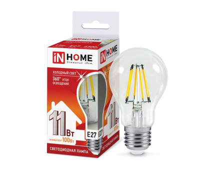 Лампа светодиодная LED-A60-deco 11Вт 230В Е27 6500К 990Лм прозрачная IN HOME (4690612026169)