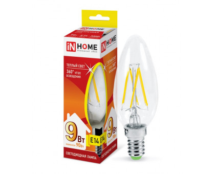 Лампа светодиодная LED-СВЕЧА-deco 9Вт 230В Е14 3000К 810Лм прозрачная IN HOME (4690612026183)