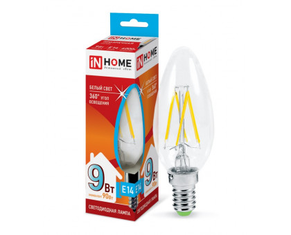 Лампа светодиодная LED-СВЕЧА-deco 9Вт 230В Е14 4000К 810Лм прозрачная IN HOME (4690612026206)