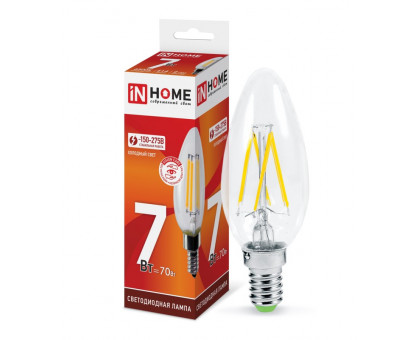 Лампа светодиодная LED-СВЕЧА-deco 7Вт 230В Е14 6500К 630Лм прозрачная IN HOME (4690612029665)