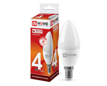 Лампа светодиодная LED-СВЕЧА-VC 4Вт 230В Е14 6500К 360Лм IN HOME (4690612030135)