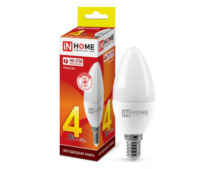 Лампа светодиодная LED-СВЕЧА-VC 4Вт 230В Е14 3000К 360Лм IN HOME (4690612030173)