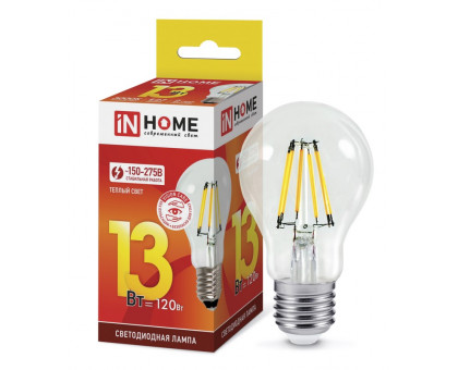 Лампа светодиодная LED-A60-deco 13Вт 230В Е27 3000К 1170Лм прозрачная IN HOME (4690612035581)