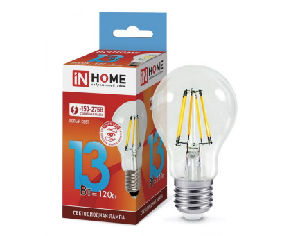 Лампа светодиодная LED-A60-deco 13Вт 230В Е27 4000К 1170Лм прозрачная IN HOME (4690612035604)