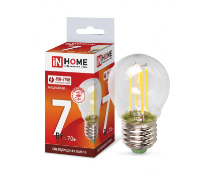 Лампа светодиодная LED-ШАР-deco 7Вт 230В Е27 6500К 630Лм прозрачная IN HOME (4690612036427)