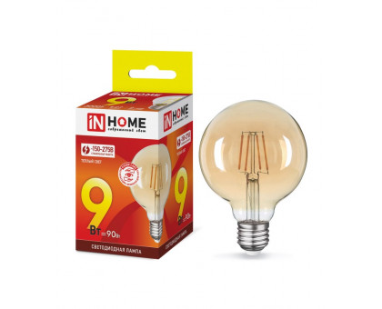 Лампа светодиодная LED-GL-95-deco gold 9Вт 230В Е27 3000К 810Лм золотистая IN HOME (4690612036465)