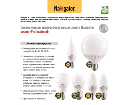 Светодиодная (LED) лампа Navigator NLL-P-G45-5-230-2.7K-E27 5Вт Е27 Шар (94477) Теплый белый свет