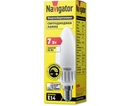 Диммируемая светодиодная (LED) лампа Navigator NLL-C37-7-230-4K-E14-FR-DIMM 7Вт Е14 Свеча (61380) Холодный белый свет