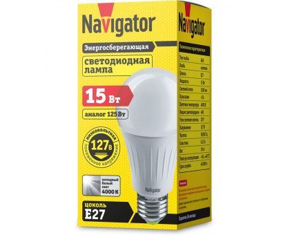 Светодиодная (LED) лампа Navigator NLL-A60-15-127-4K-E27 15Вт Е27 Груша (61441) Холодный белый свет