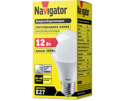 Низковольтная светодиодная (LED) лампа Navigator NLL-A60-12-24/48-4K-E27 12Вт Е27 Груша (61478) Холодный белый свет