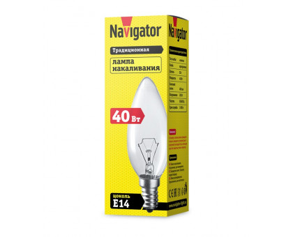 Лампа накаливания Navigator 94 303 NI-B-40-230-E14-CL (КНР) Е14 Свеча 40 Вт
