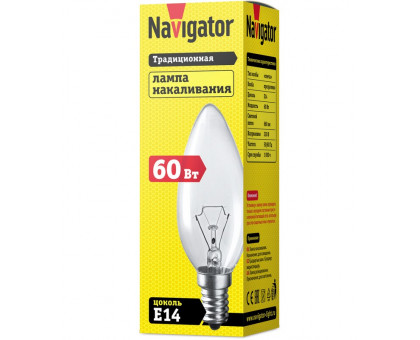 Лампа накаливания Navigator 94 304 NI-B-60-230-E14-CL (КНР) Е14 Свеча 60 Вт