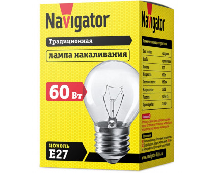 Лампа накаливания Navigator 94 312 NI-C-60-230-E27-CL (КНР) Е27 Шар 60 Вт