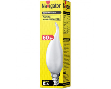 Лампа накаливания Navigator 94 335 NI-FC-60-230-E14-FR Е14 Свеча на ветру 60 Вт