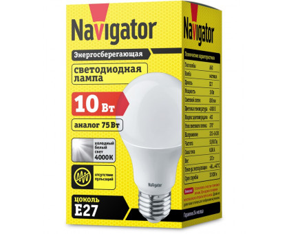 Светодиодная (LED) лампа Navigator NLL-A60-10-230-4K-E27 10Вт Е27 Груша (94388) Холодный белый свет
