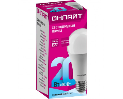 Светодиодная (LED) лампа ОНЛАЙТ OLL-A60-20-230-4K-E27 20 Вт Е27 Груша (61158) Холодный белый свет