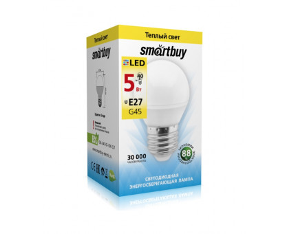 Светодиодная (LED) лампа Smartbuy-G45-05W/3000/E27 (SBL-G45-05-30K-E27) Е27 Шар 5 Вт Теплый белый