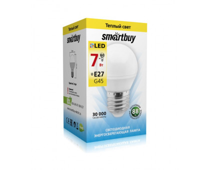 Светодиодная (LED) лампа Smartbuy 7Вт 3000K Шар (SBL-G45-07-30K-E27) Теплый белый свет