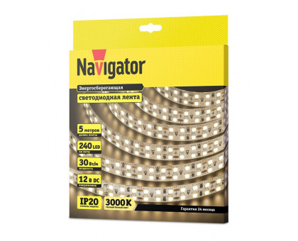 Светодиодная (LED) лента Navigator 12 Вольт 2835 NLS-2835WW240-30-IP20-12V 30 Вт/м (14465) Теплый белый свет