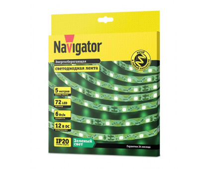 Светодиодная (LED) лента Navigator 12 Вольт 2835 NLS-2835GST72-6-IP20-12V 6 Вт/м (14474) Зеленый свет
