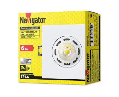 Поворотный Квадратный встраиваемый (LED) светильник даунлайт 95х95х50 Navigator NDL-PS2-6W-840-WH-LED 6Вт 4000К IP44 (71389) Белый