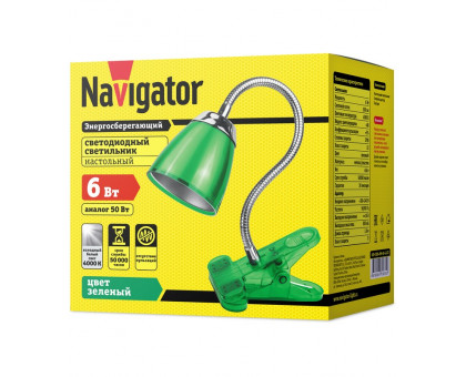 Настольная светодиодная (LED) лампа Navigator NDF-C006-6W-4K-G-LED 6Вт 4000K Дневной белый свет (71835) Зеленый на прищепке
