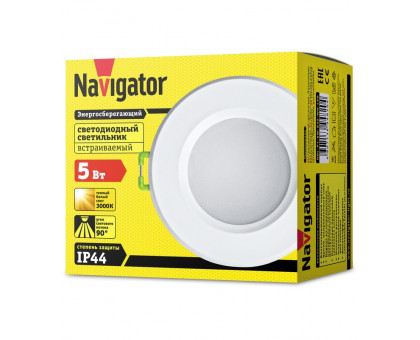 Круглый встраиваемый (LED) светильник даунлайт 83х58 Navigator NDL-P1-5W-830-WH-LED 5Вт 3000К IP44 (94820) Белый