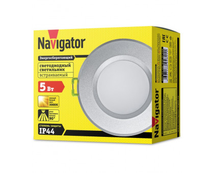 Круглый встраиваемый (LED) светильник даунлайт 83х58 Navigator NDL-P1-5W-830-SL-LED 5Вт 3000К IP44 (94821) Серебро