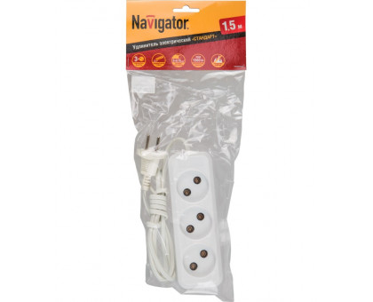 Бытовой удлинитель Navigator NPE-S1-03-150-X-2x0.75 6А 1300Вт 3 розетки 1,5 м. (71448) без заземлением