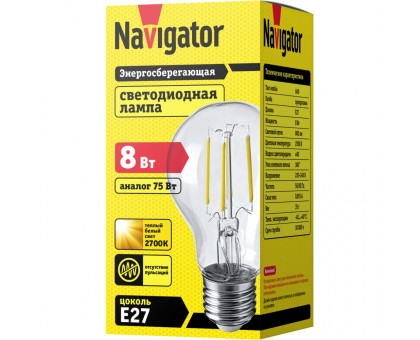 Диммируемая светодиодная (LED) лампа Navigator NLL-F-A60-8-230-2.7K-E27-DIMM 8Вт Е27 Груша (61623) Теплый белый свет