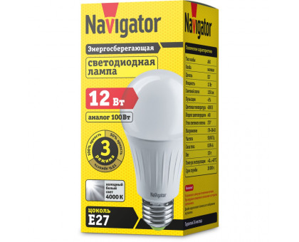Диммируемая светодиодная (LED) лампа Navigator NLL-A60-12-230-4K-E27-3STEPDIMM 12Вт Е27 Груша (61627) Холодный белый свет