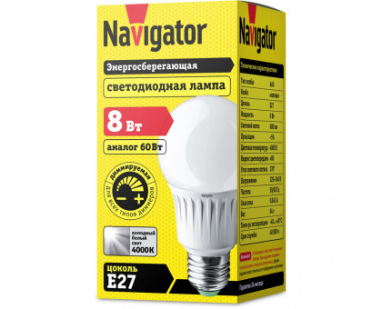 Светодиодная (LED) лампа Navigator NLL-A60-8-230-4K-E27 8Вт Е27 Груша (61384) Холодный белый свет