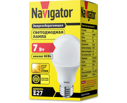 Светодиодная (LED) лампа Navigator NLL-A60-7-230-2.7K-E27 7Вт Е27 Груша (94385) Теплый белый свет