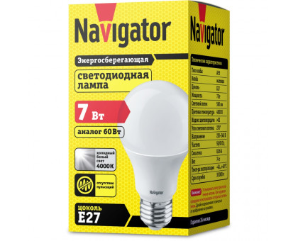 Светодиодная (LED) лампа Navigator NLL-A60-7-230-4K-E27 7Вт Е27 Груша (94386) Холодный белый свет